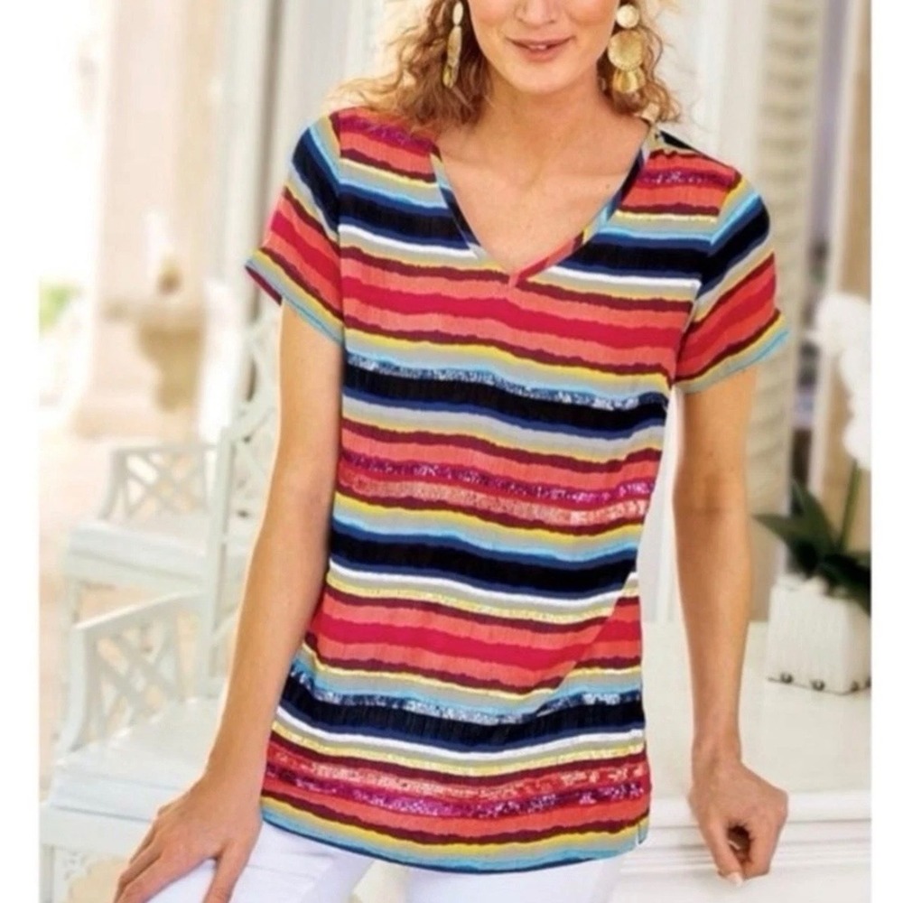 Soft Surroundings Womens L Colorista Striped Sequin V-Neck Rayon Top Multicolor‎
